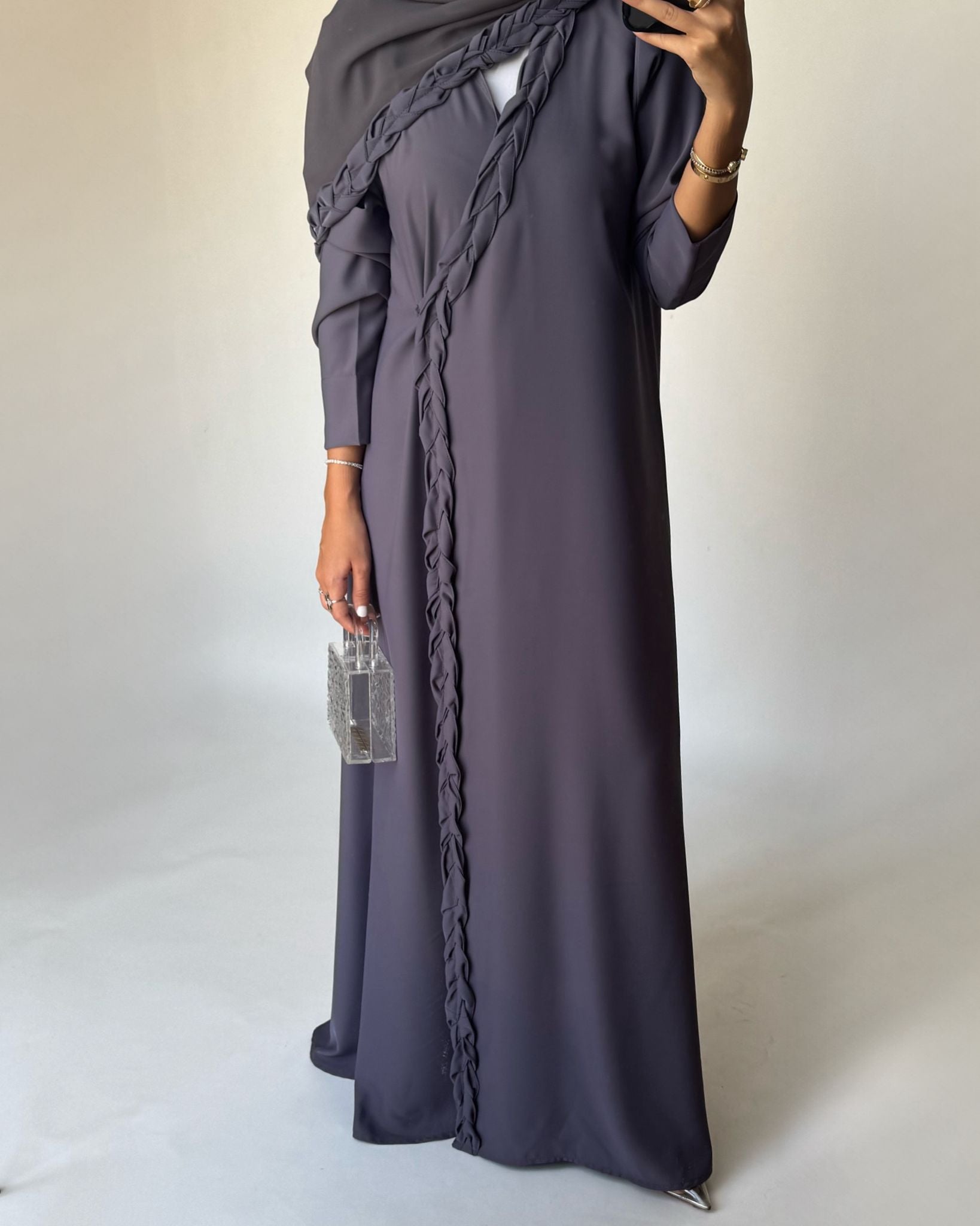 A464 - Gray Braided Crepe Abaya with Matching Head Scarf