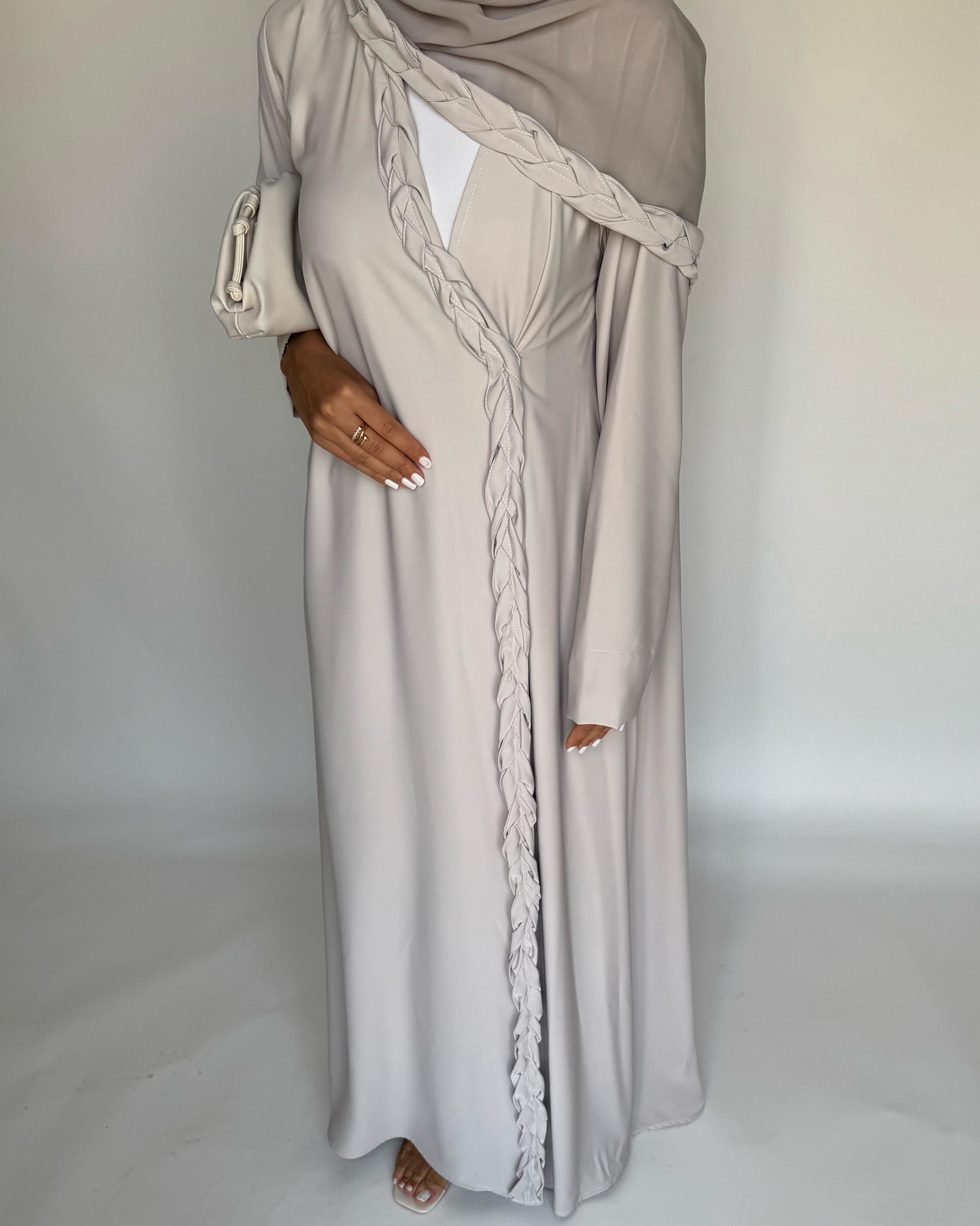 A465 - Dusty Cream Braided Crepe Abaya with Matching Head Scarf
