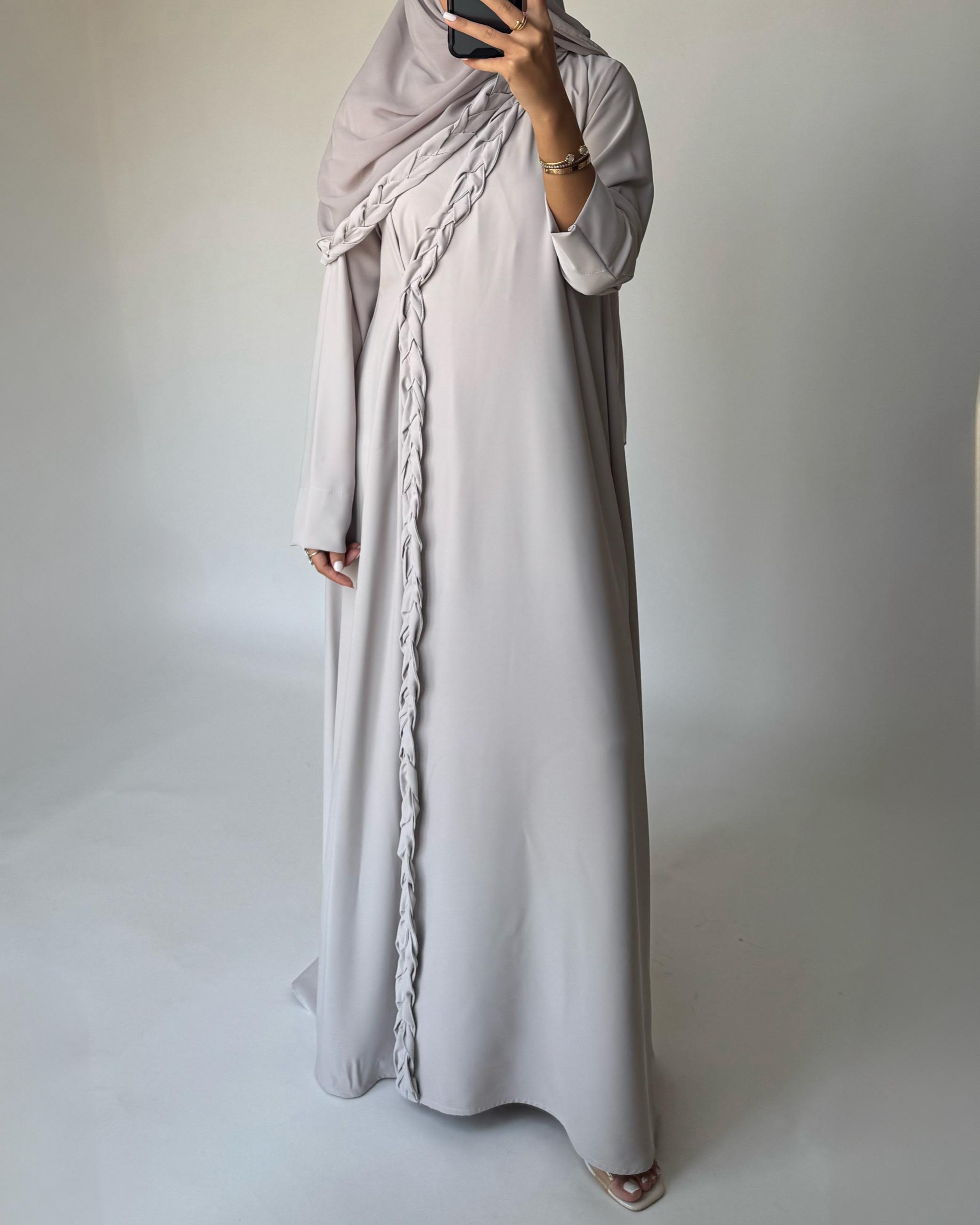 A465 - Dusty Cream Braided Crepe Abaya with Matching Head Scarf