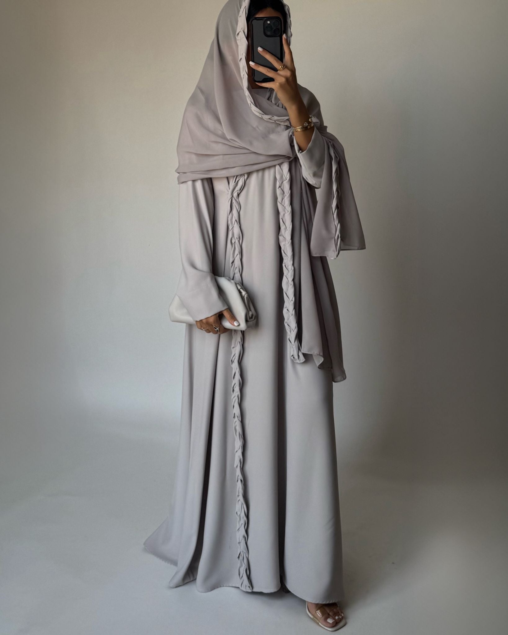 A465 - Dusty Cream Braided Crepe Abaya with Matching Head Scarf