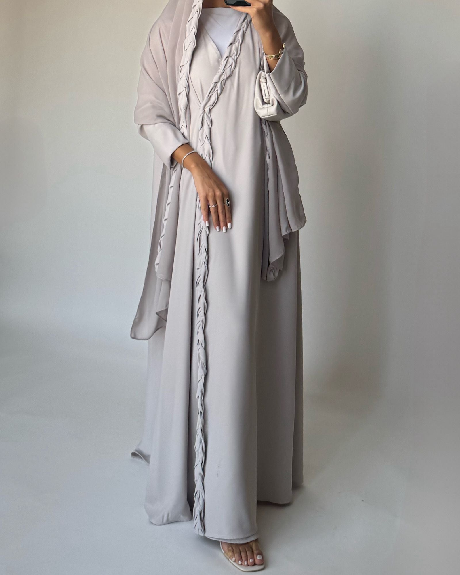 A465 - Dusty Cream Braided Crepe Abaya with Matching Head Scarf