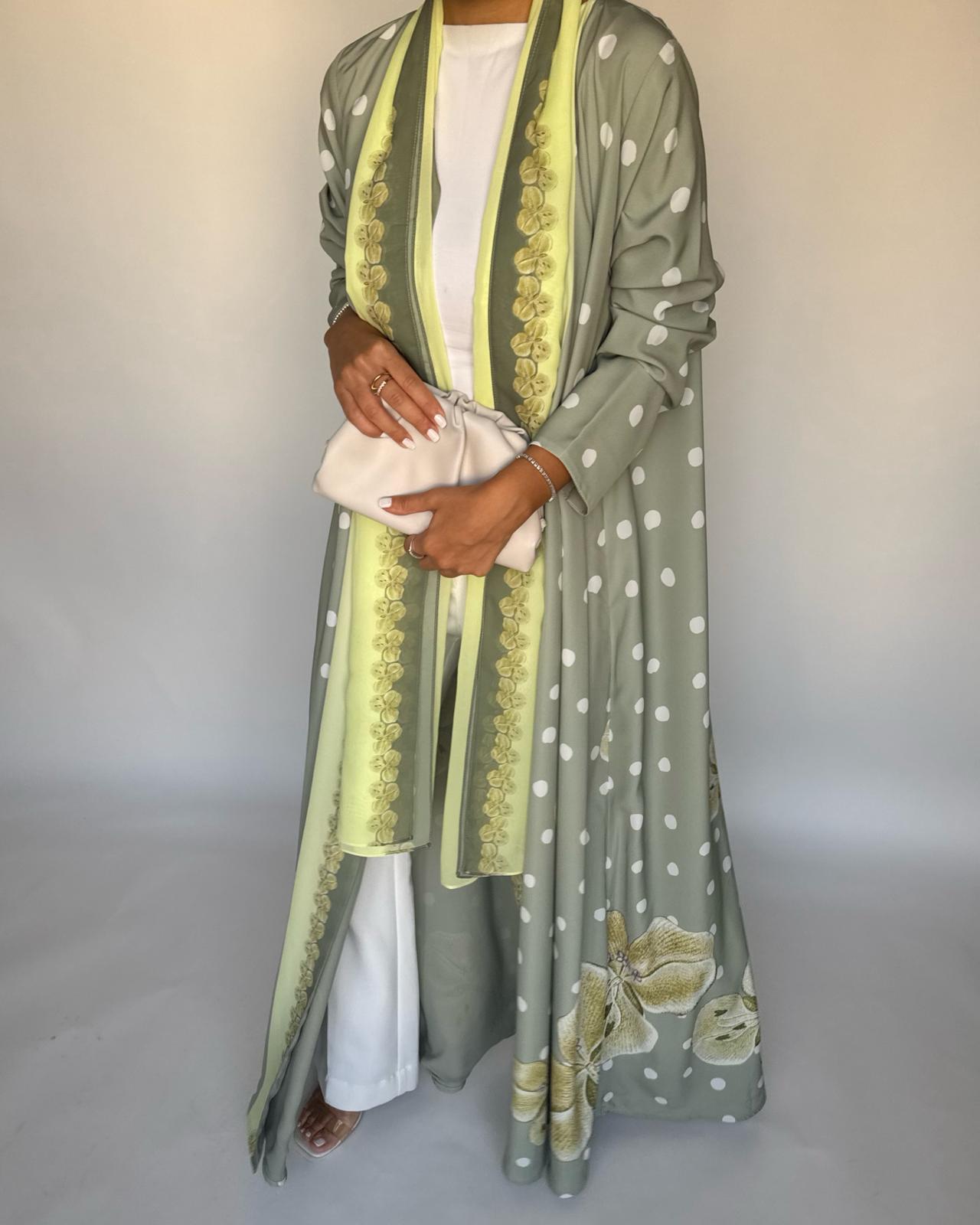A470 - Green Polka Dot Flower A-Cut Crepe Abaya with Matching Head Scarf