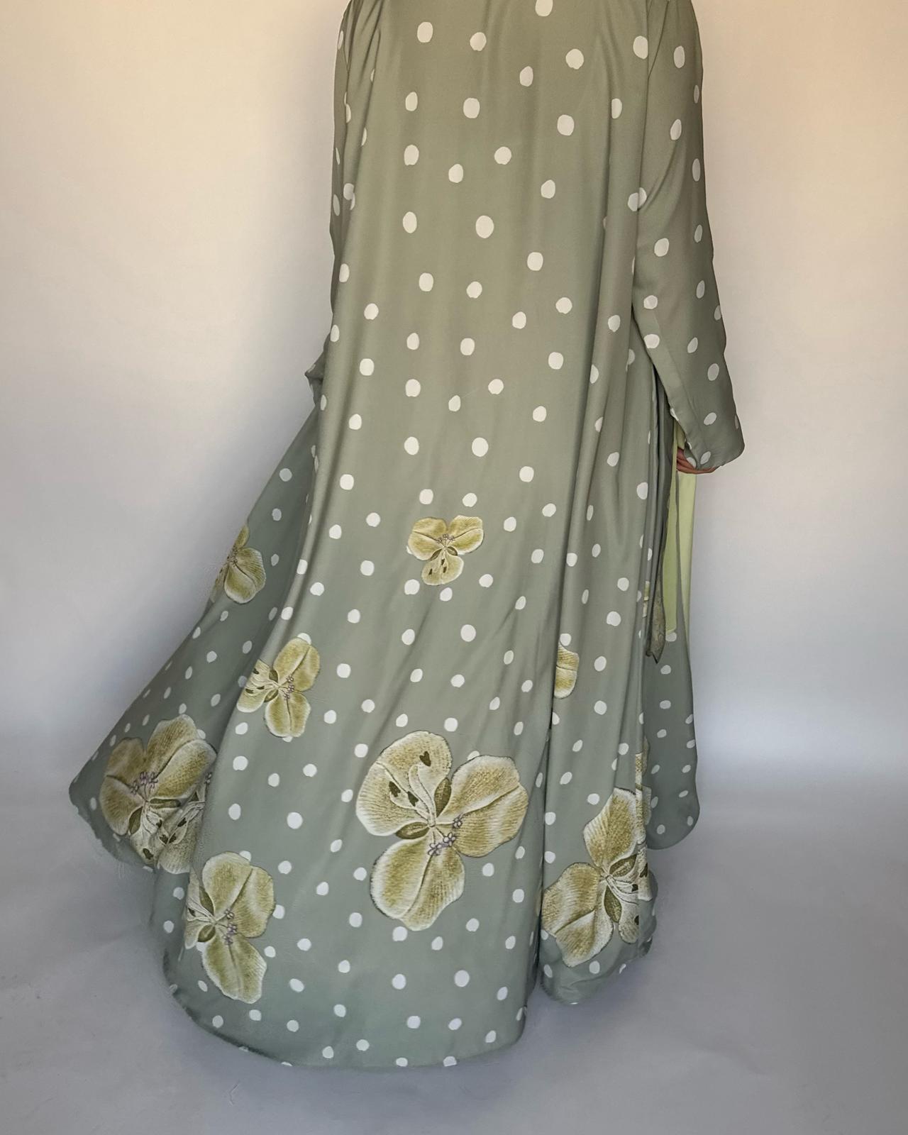 A470 - Green Polka Dot Flower A-Cut Crepe Abaya with Matching Head Scarf