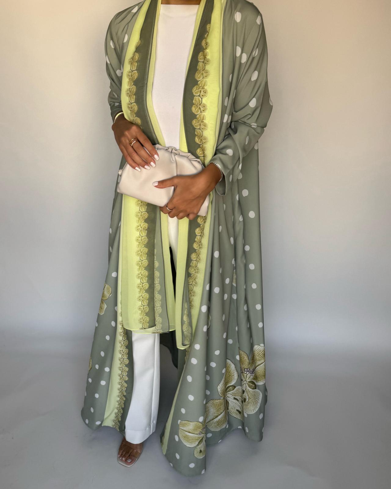 A470 - Green Polka Dot Flower A-Cut Crepe Abaya with Matching Head Scarf