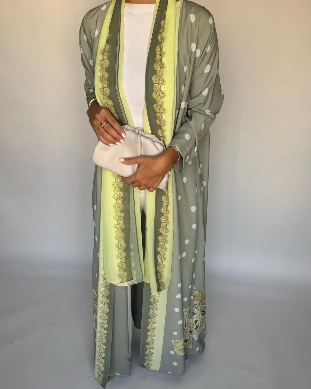 A470 - Green Polka Dot Flower A-Cut Crepe Abaya with Matching Head Scarf