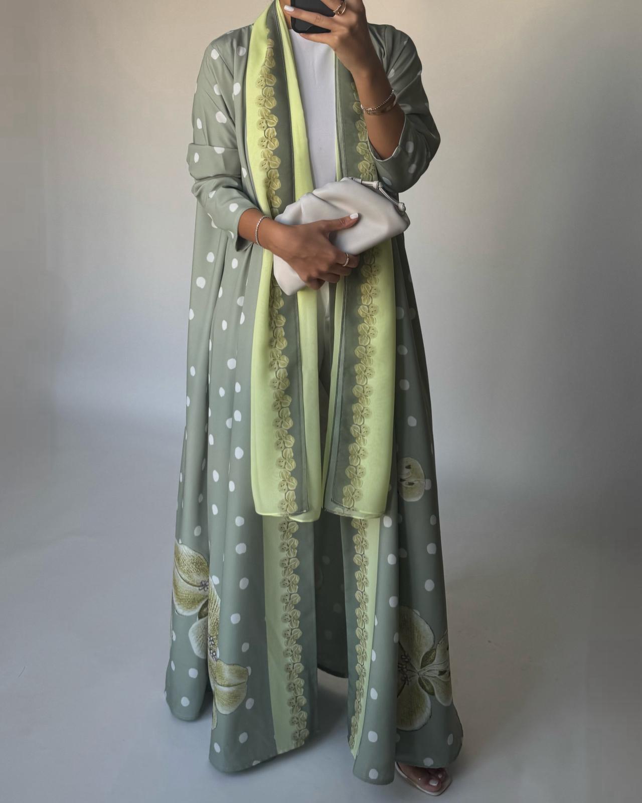 A470 - Green Polka Dot Flower A-Cut Crepe Abaya with Matching Head Scarf