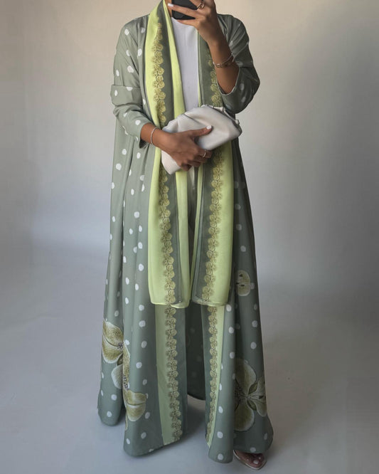 A470 - Green Polka Dot Flower A-Cut Crepe Abaya with Matching Head Scarf