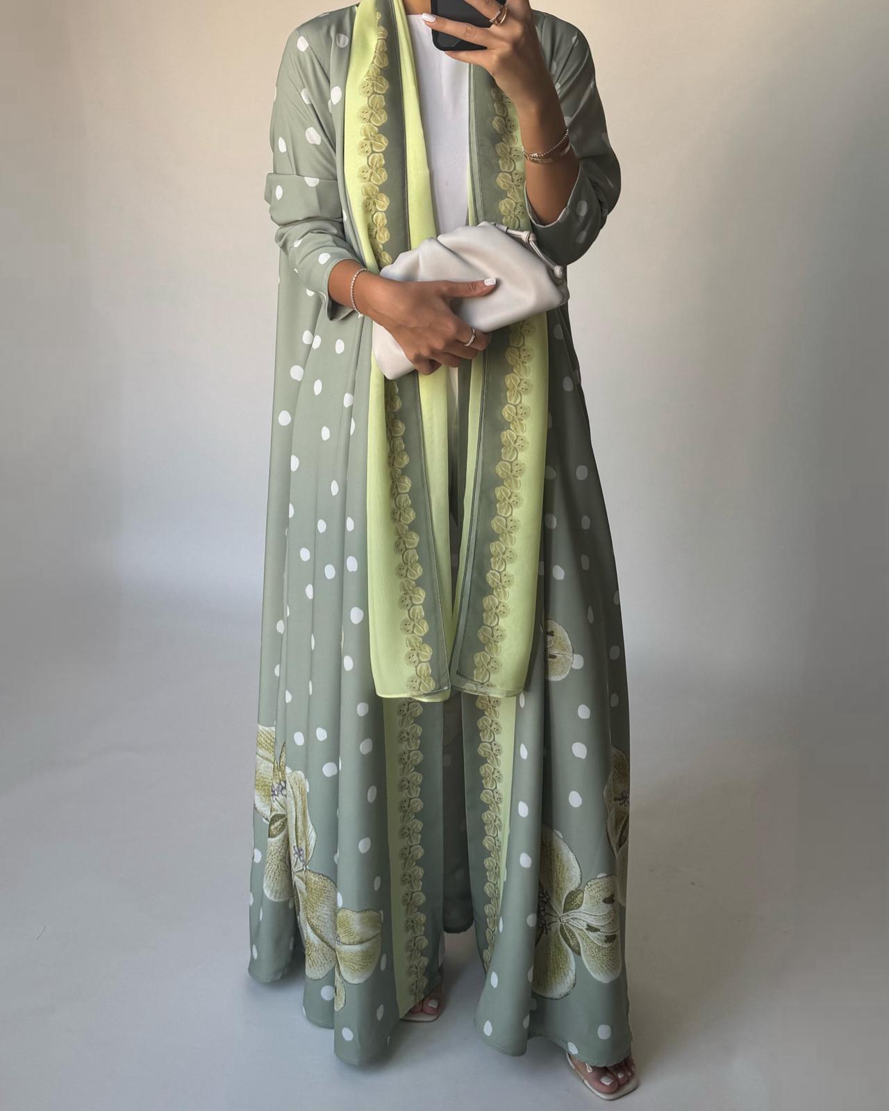 A470 - Green Polka Dot Flower A-Cut Crepe Abaya with Matching Head Scarf