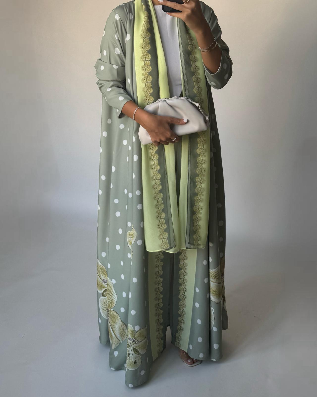 A470 - Green Polka Dot Flower A-Cut Crepe Abaya with Matching Head Scarf