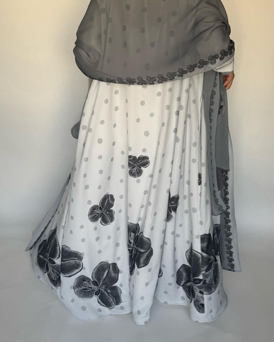 A467 - Gray Polka Dot Flower A-Cut Crepe Abaya with Matching Head Scarf