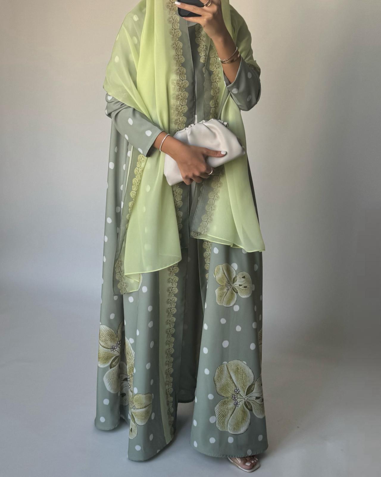 A470 - Green Polka Dot Flower A-Cut Crepe Abaya with Matching Head Scarf