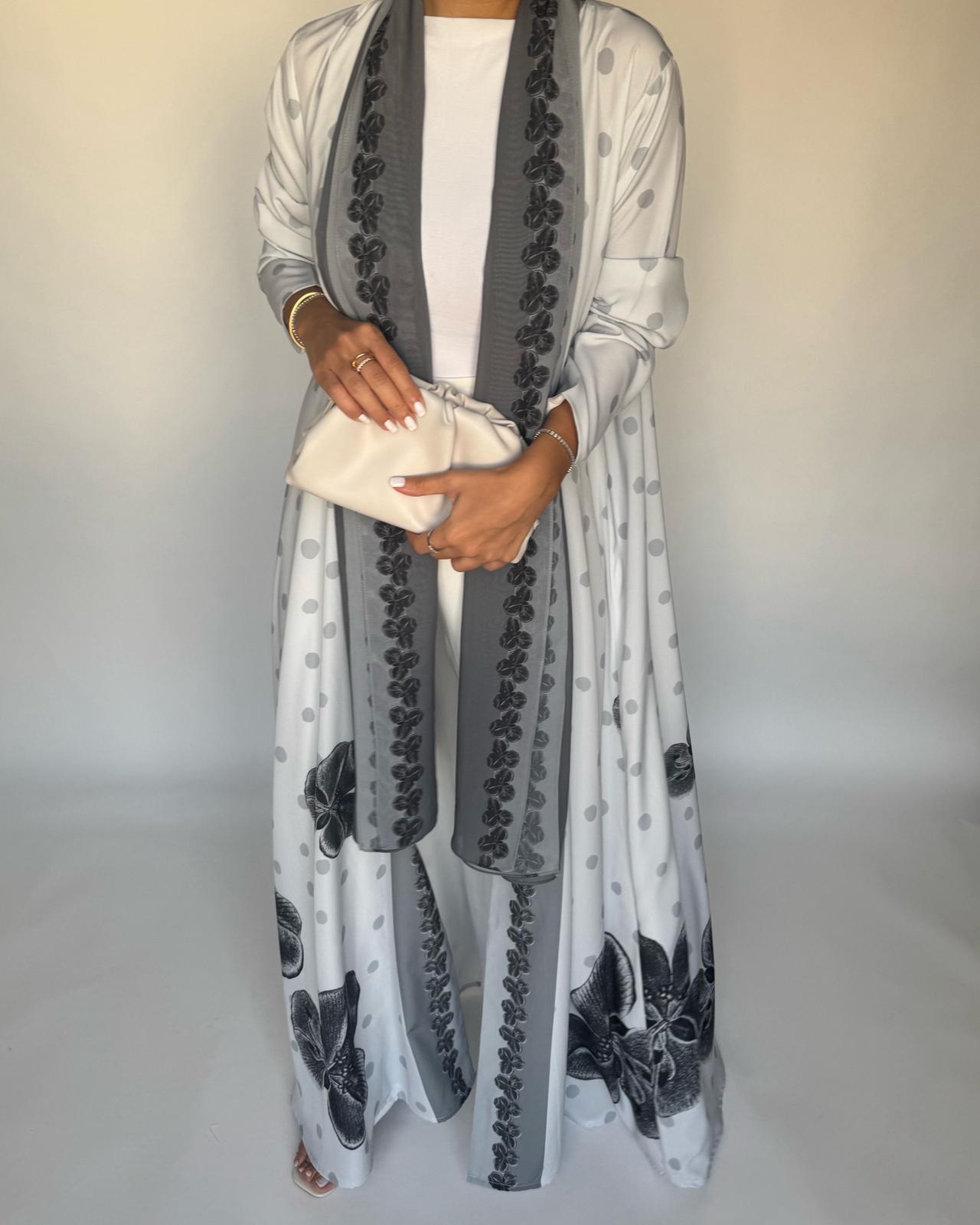 A467 - Gray Polka Dot Flower A-Cut Crepe Abaya with Matching Head Scarf