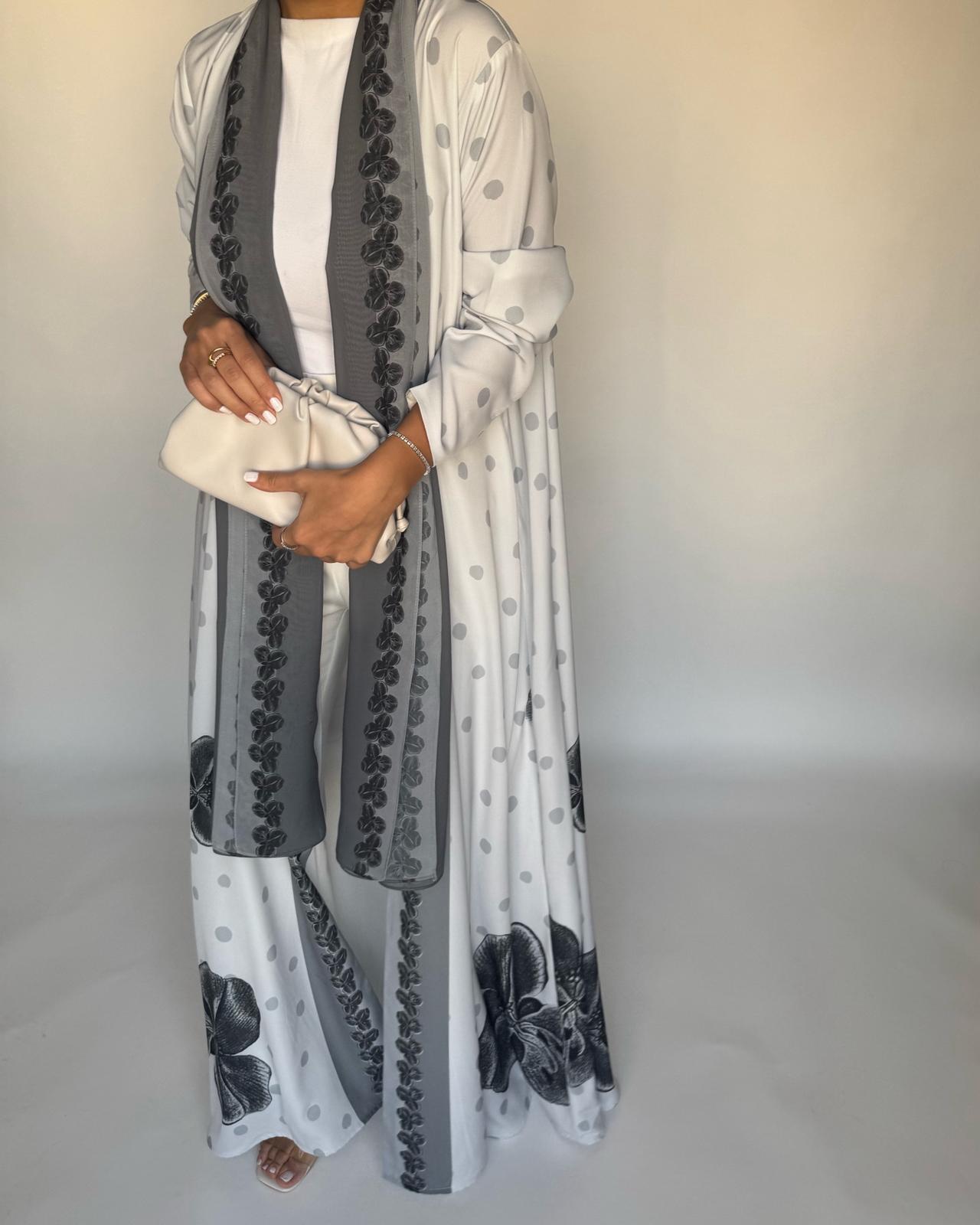 A467 - Gray Polka Dot Flower A-Cut Crepe Abaya with Matching Head Scarf