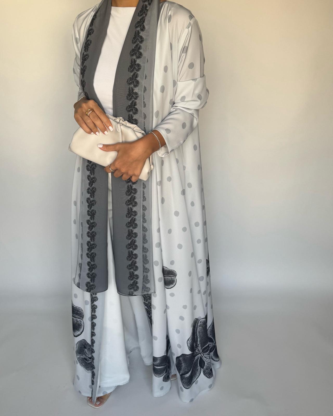A467 - Gray Polka Dot Flower A-Cut Crepe Abaya with Matching Head Scarf