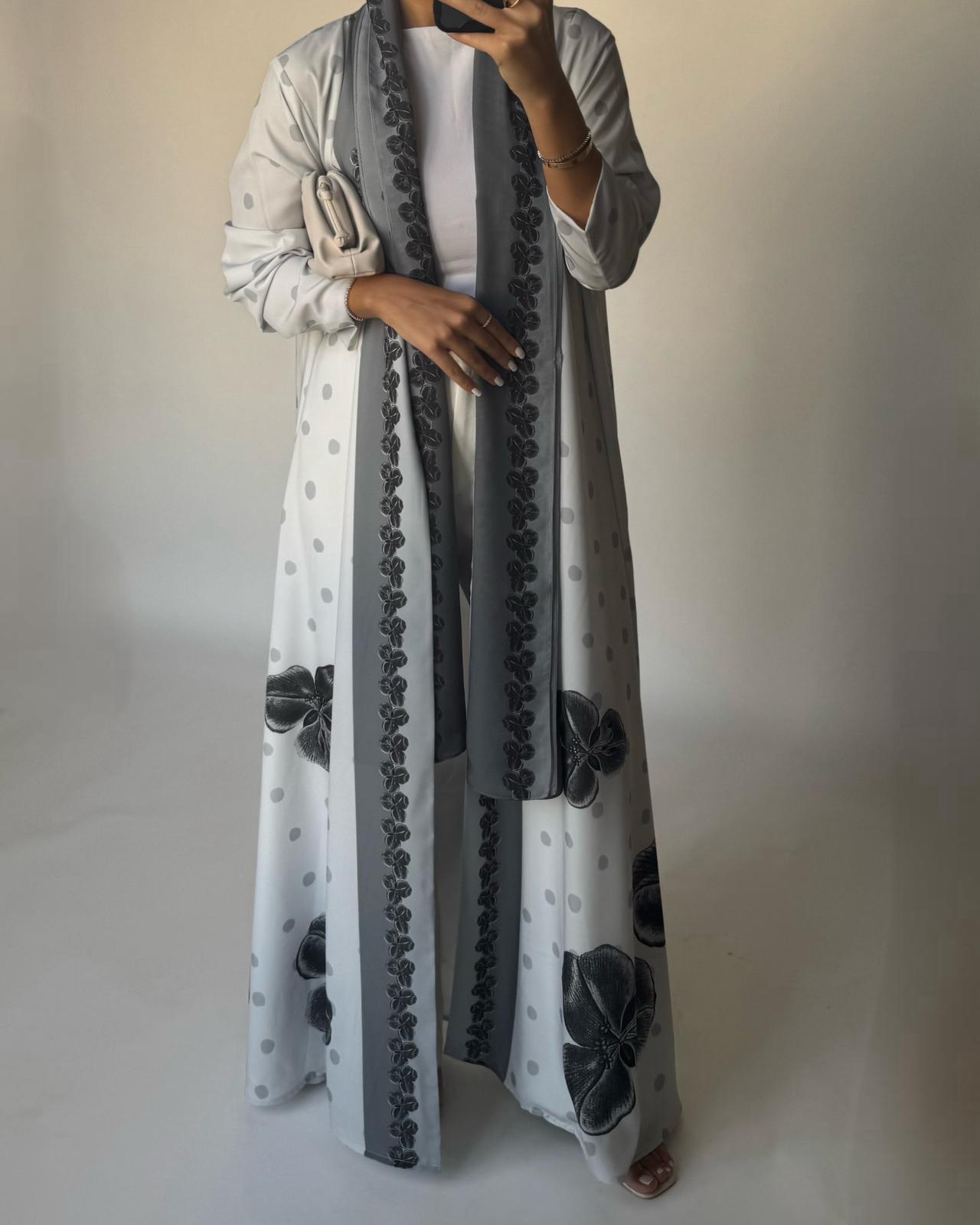 A467 - Gray Polka Dot Flower A-Cut Crepe Abaya with Matching Head Scarf