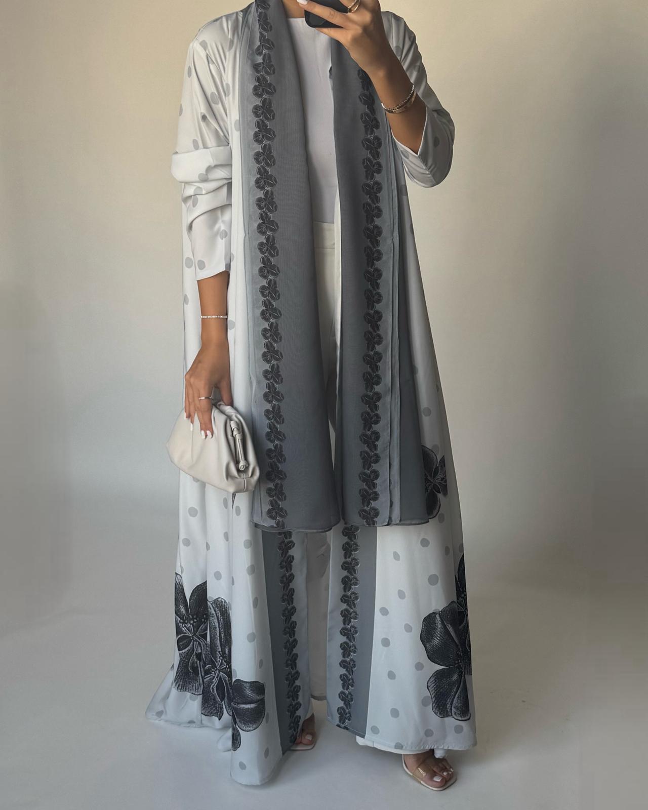 A467 - Gray Polka Dot Flower A-Cut Crepe Abaya with Matching Head Scarf