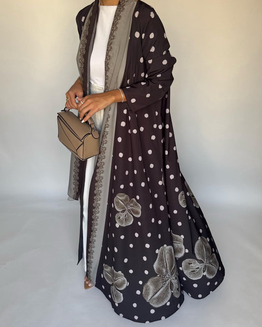 A469 - Brown Polka Dot Flower A-Cut Crepe Abaya with Matching Head Scarf