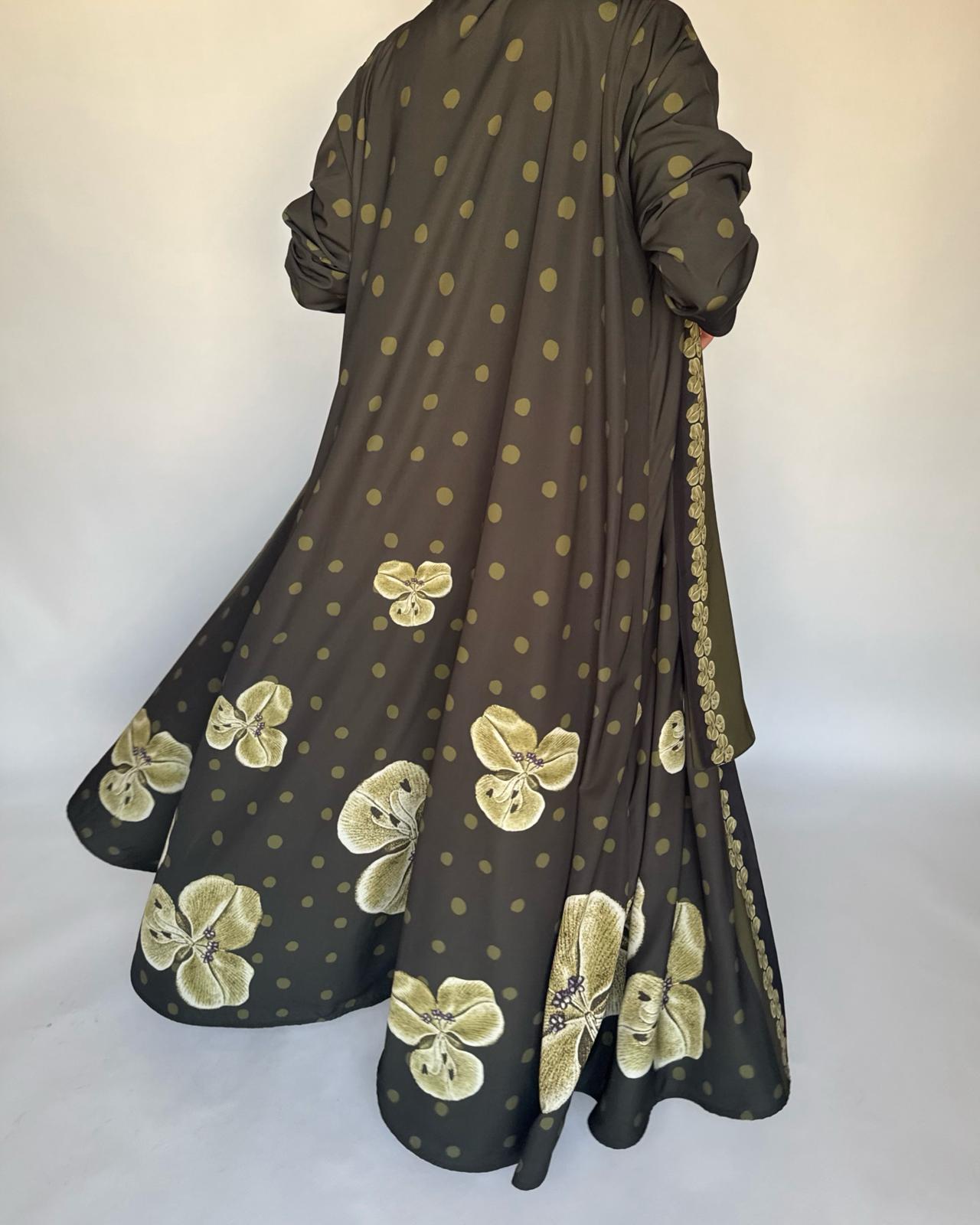 A468 - Olive Green Polka Dot Flower A-Cut Crepe Abaya with Matching Head Scarf