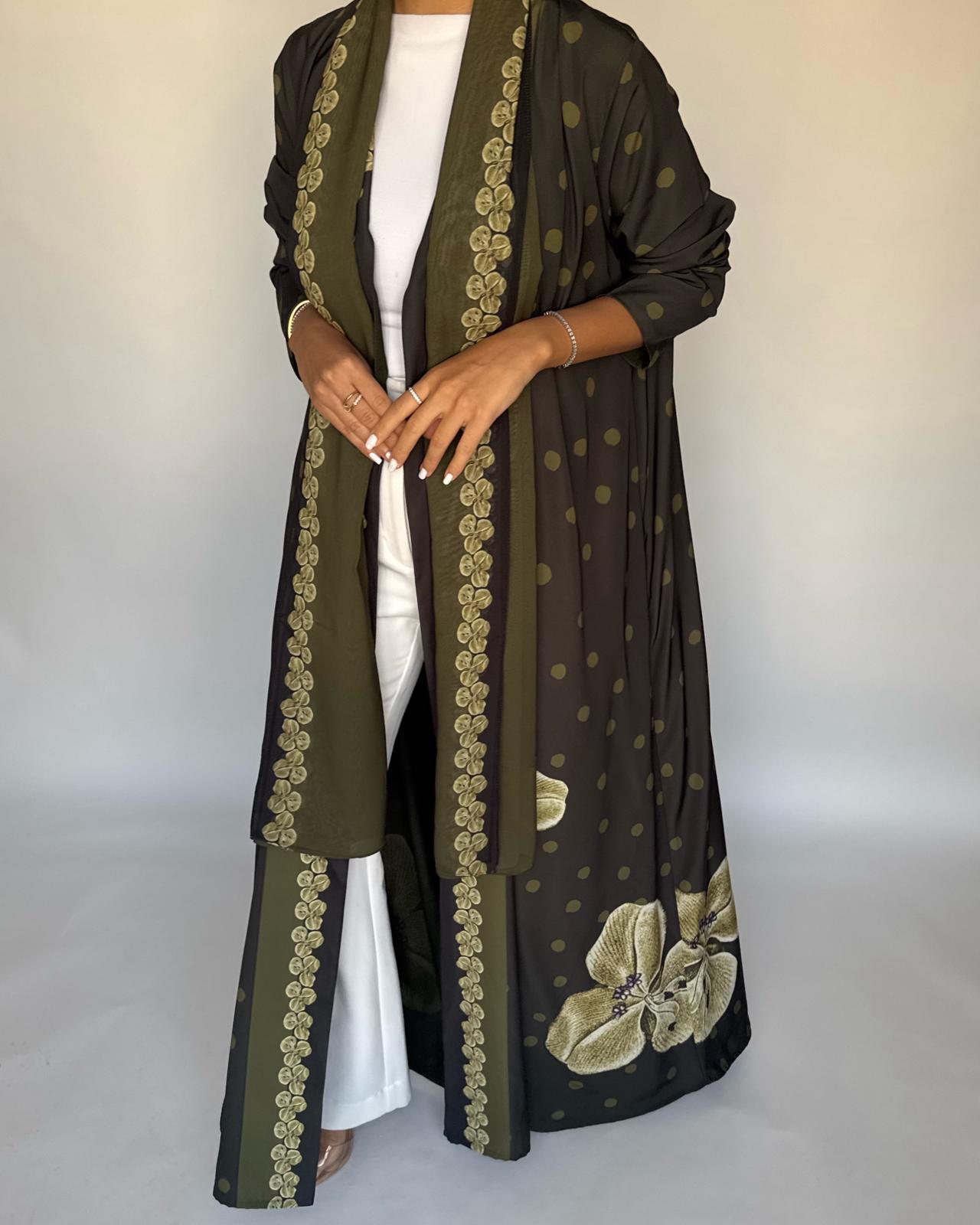 A468 - Olive Green Polka Dot Flower A-Cut Crepe Abaya with Matching Head Scarf