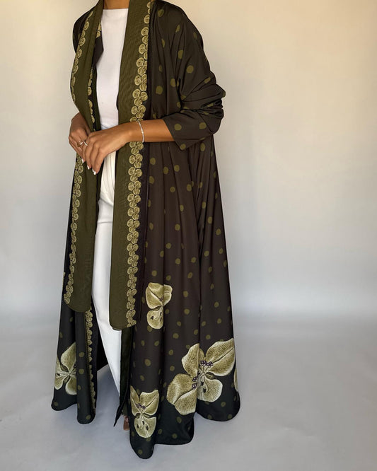 A468 - Olive Green Polka Dot Flower A-Cut Crepe Abaya with Matching Head Scarf