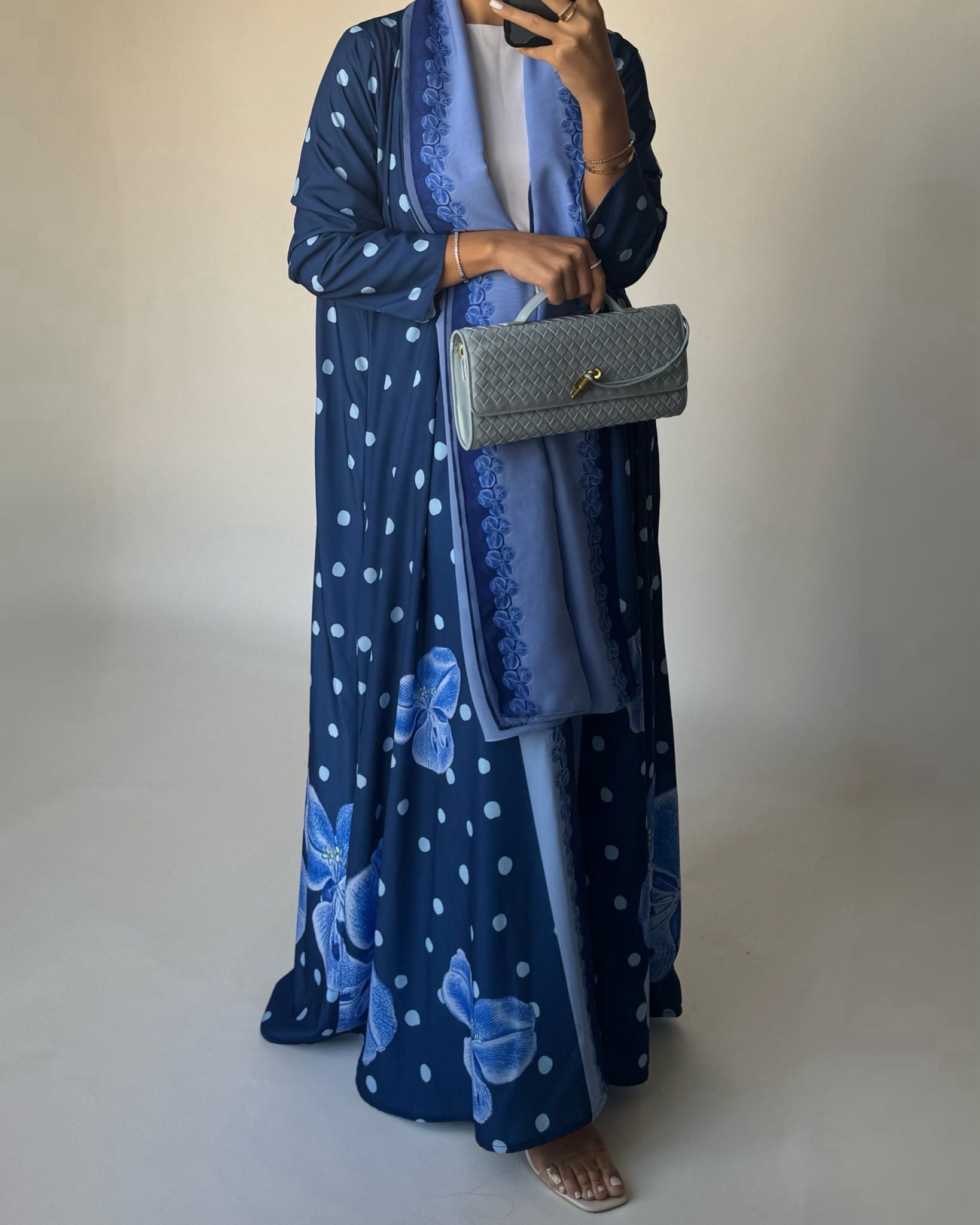 A471 - Blue Polka Dot Flower A-Cut Crepe Abaya with Matching Head Scarf
