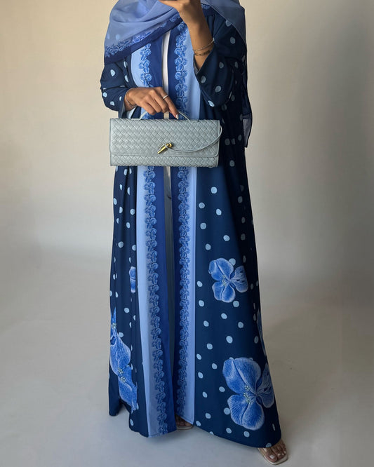 A471 - Blue Polka Dot Flower A-Cut Crepe Abaya with Matching Head Scarf