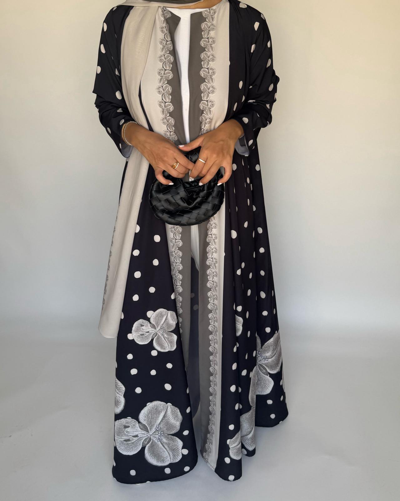 A472 - Black Polka Dot Flower A-Cut Crepe Abaya with Matching Head Scarf