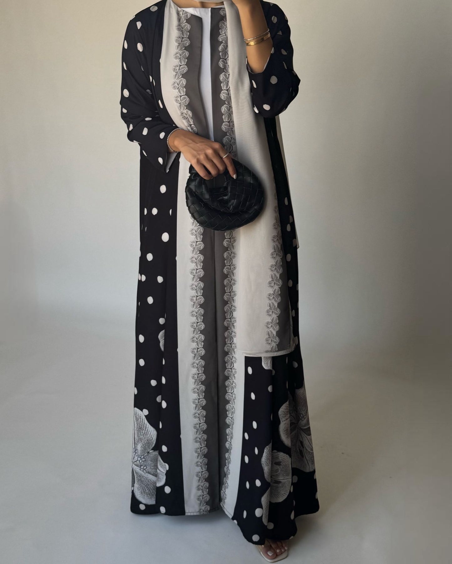 A472 - Black Polka Dot Flower A-Cut Crepe Abaya with Matching Head Scarf