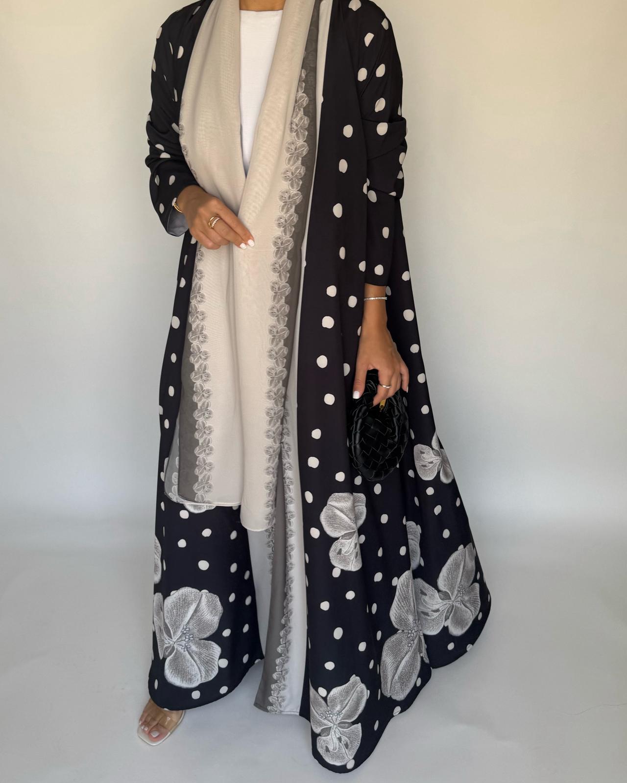 A472 - Black Polka Dot Flower A-Cut Crepe Abaya with Matching Head Scarf