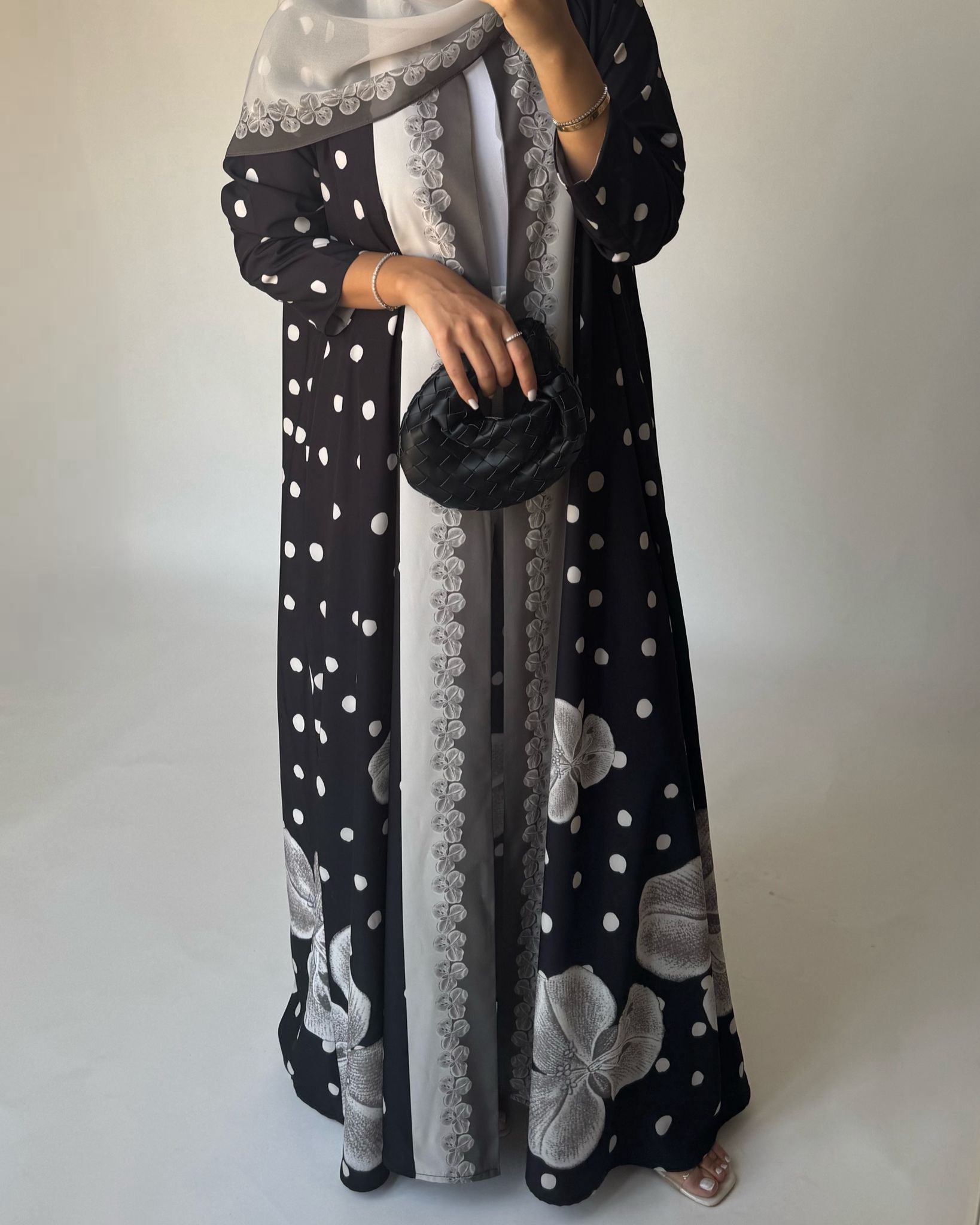 A472 - Black Polka Dot Flower A-Cut Crepe Abaya with Matching Head Scarf