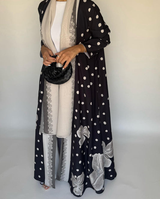 A472 - Black Polka Dot Flower A-Cut Crepe Abaya with Matching Head Scarf
