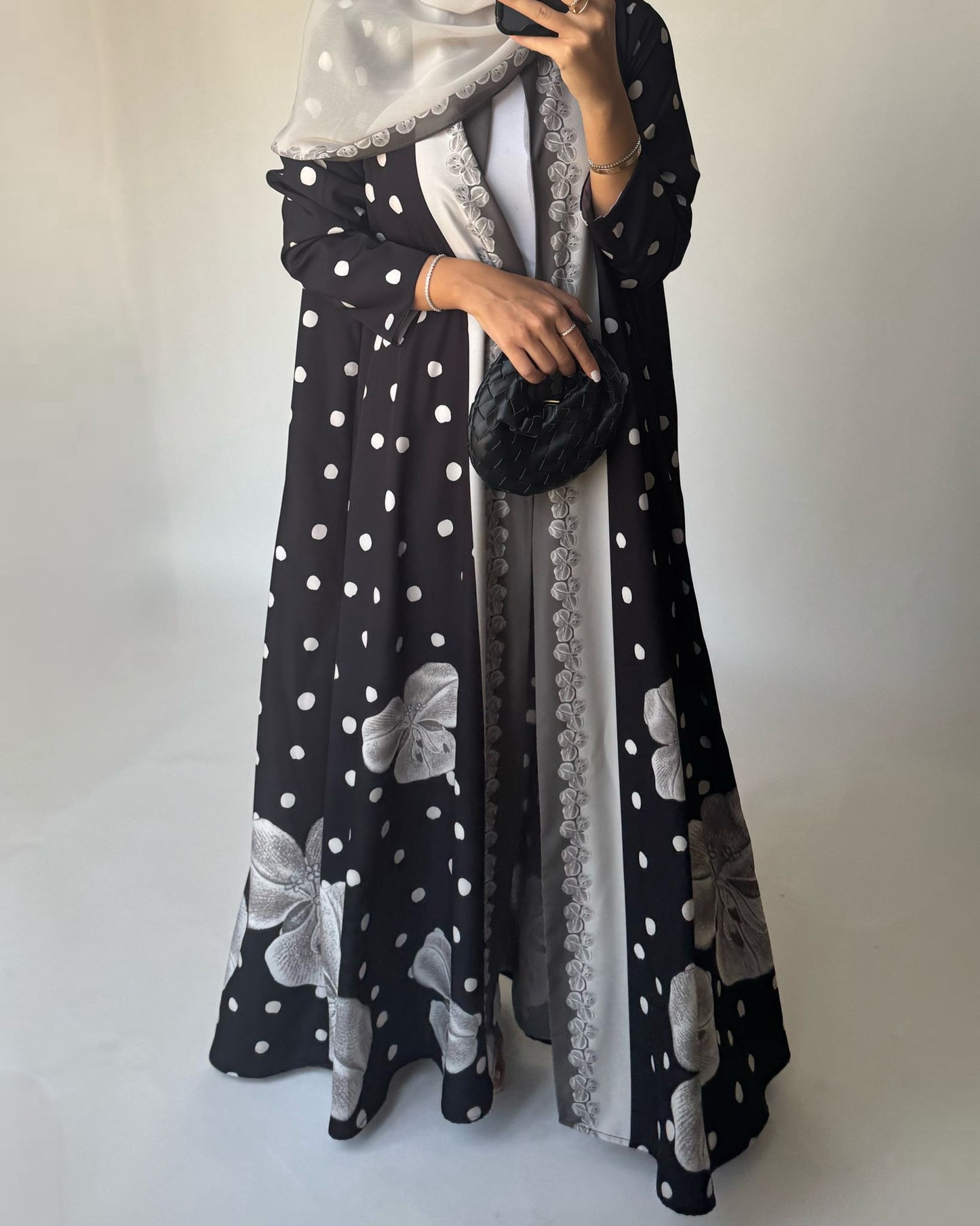 A472 - Black Polka Dot Flower A-Cut Crepe Abaya with Matching Head Scarf