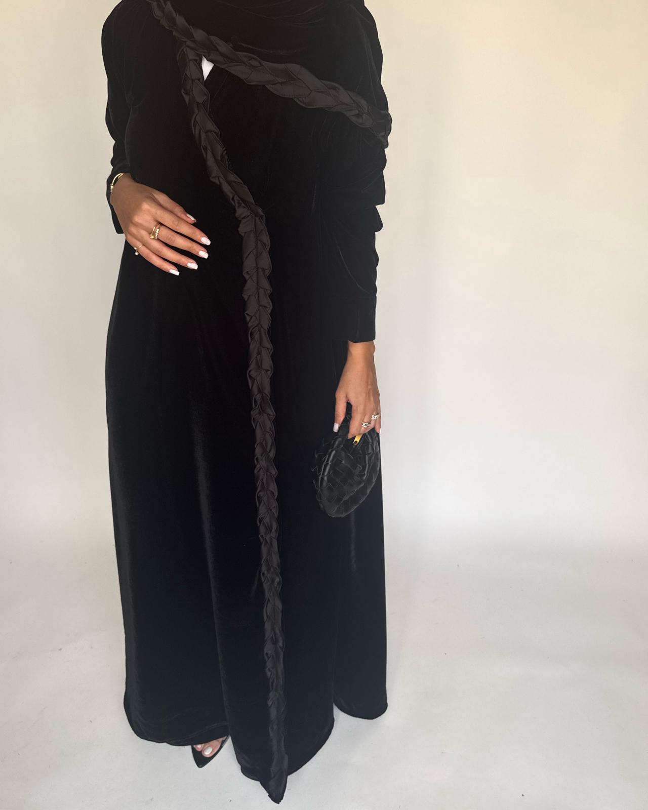A478 - Black Braided Velvet Abaya with Matching Velvet Head Scarf