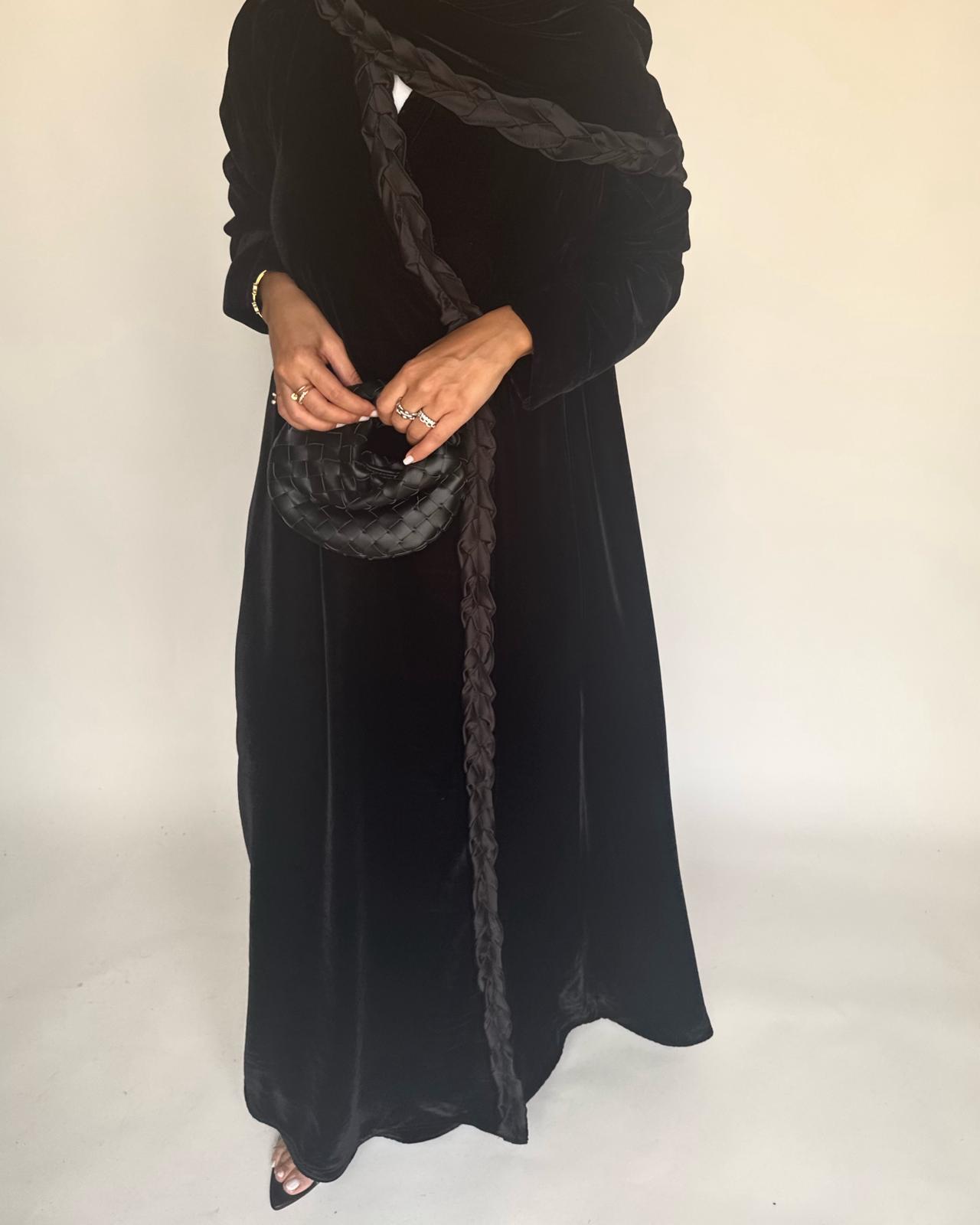 A478 - Black Braided Velvet Abaya with Matching Velvet Head Scarf