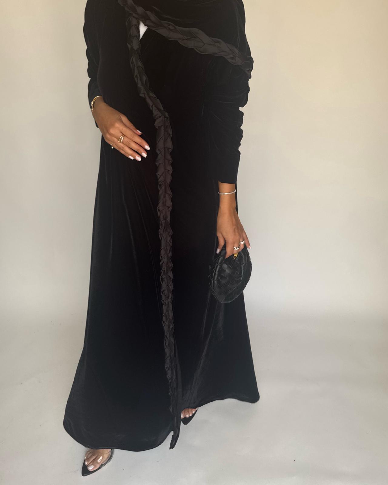 A478 - Black Braided Velvet Abaya with Matching Velvet Head Scarf
