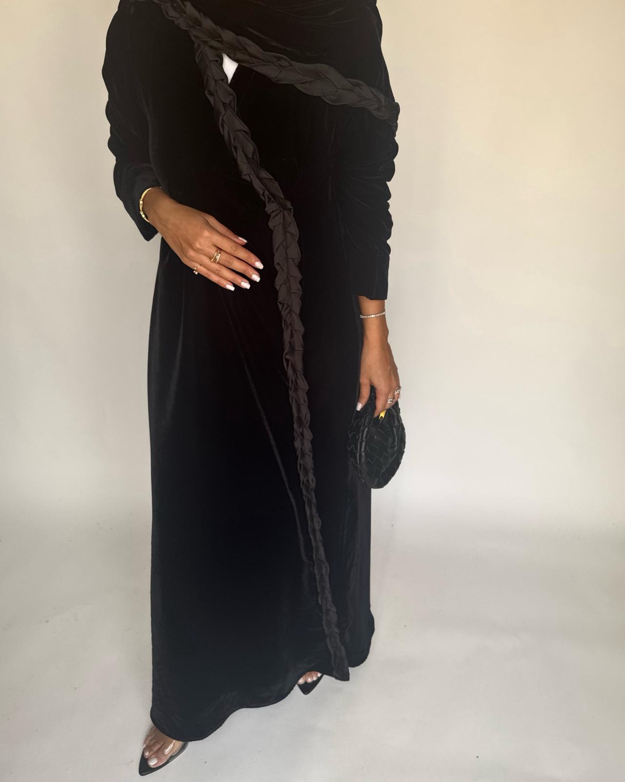 A478 - Black Braided Velvet Abaya with Matching Velvet Head Scarf