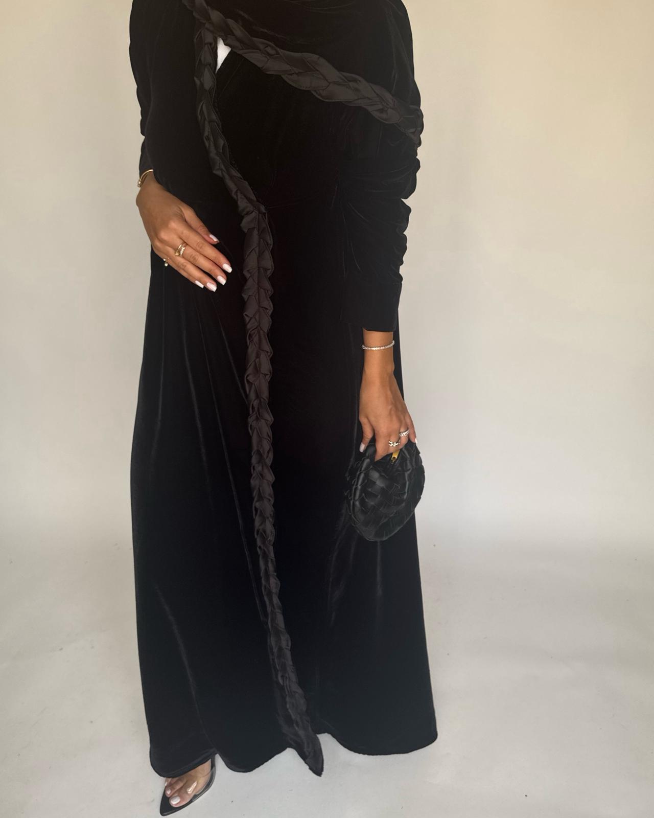 A478 - Black Braided Velvet Abaya with Matching Velvet Head Scarf