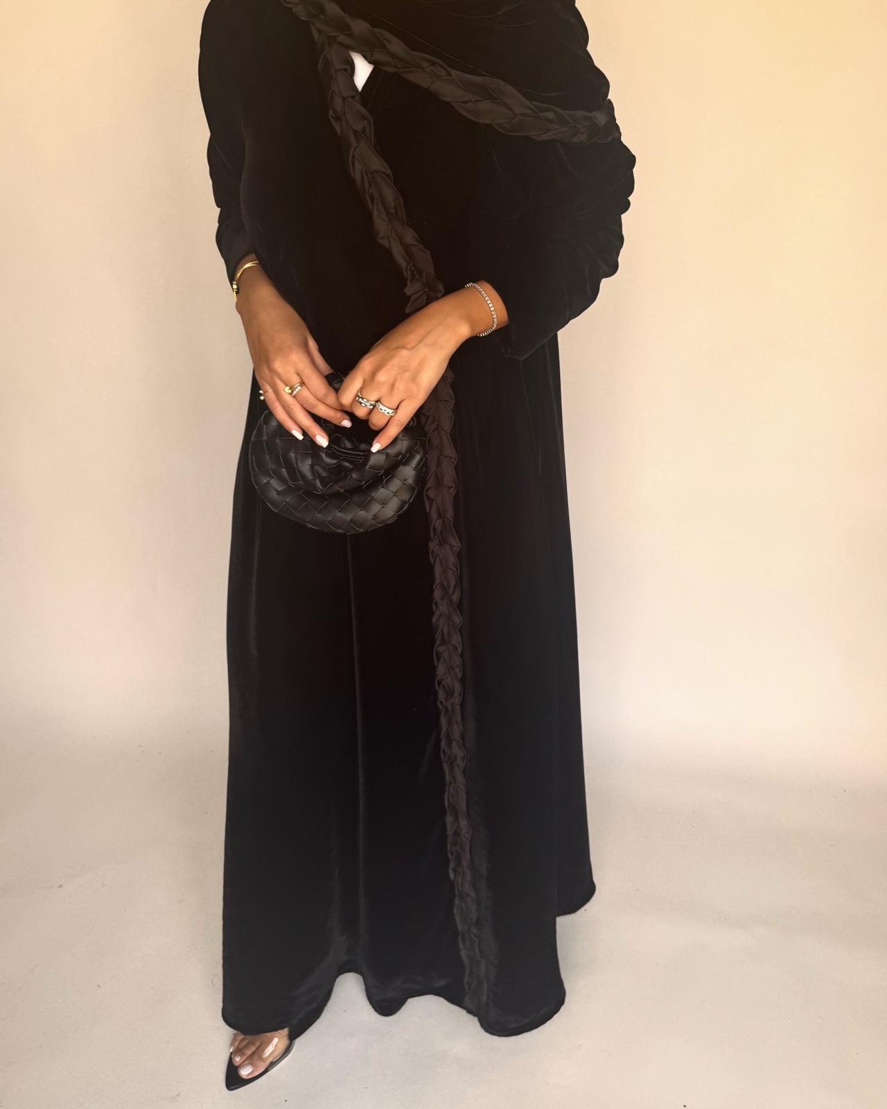 A478 - Black Braided Velvet Abaya with Matching Velvet Head Scarf