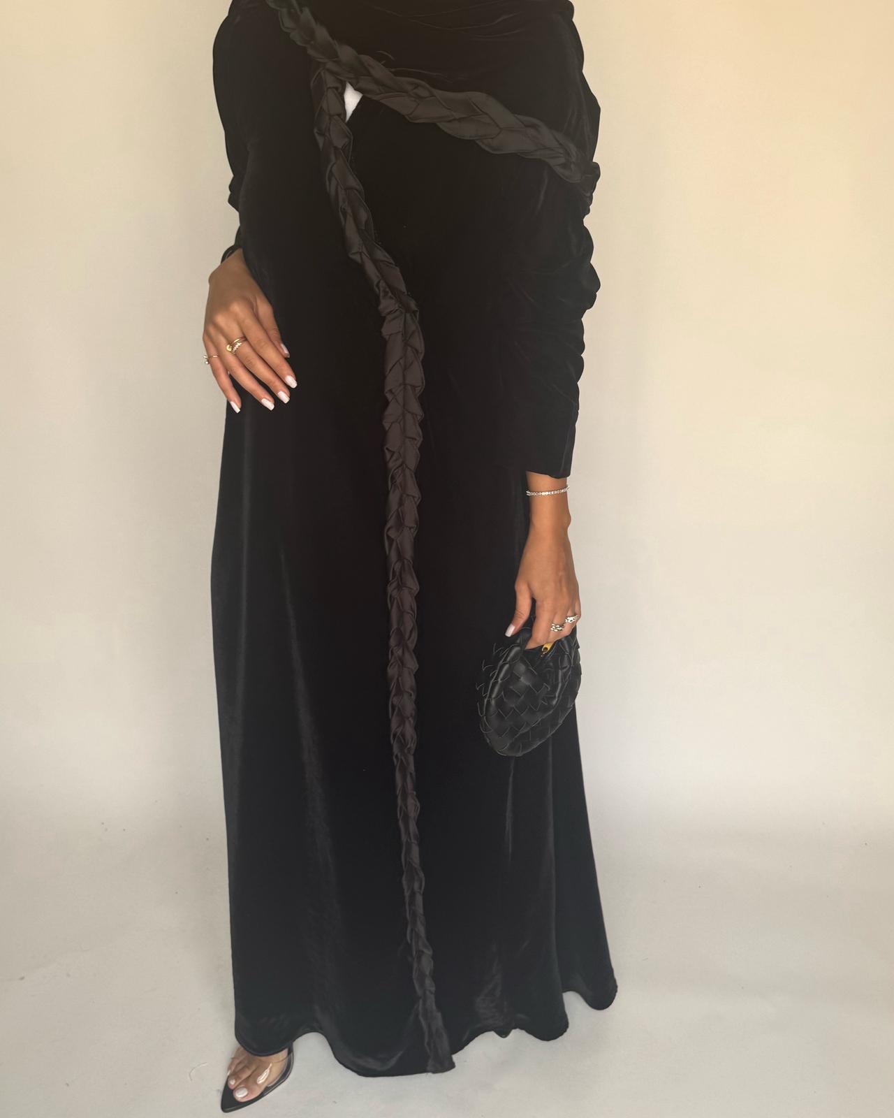 A478 - Black Braided Velvet Abaya with Matching Velvet Head Scarf