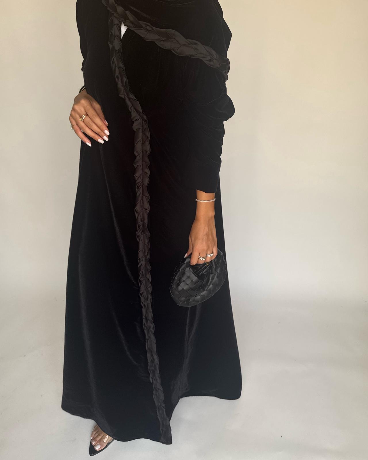 A478 - Black Braided Velvet Abaya with Matching Velvet Head Scarf