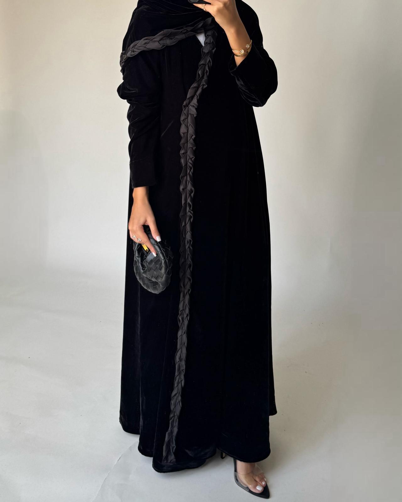 A478 - Black Braided Velvet Abaya with Matching Velvet Head Scarf