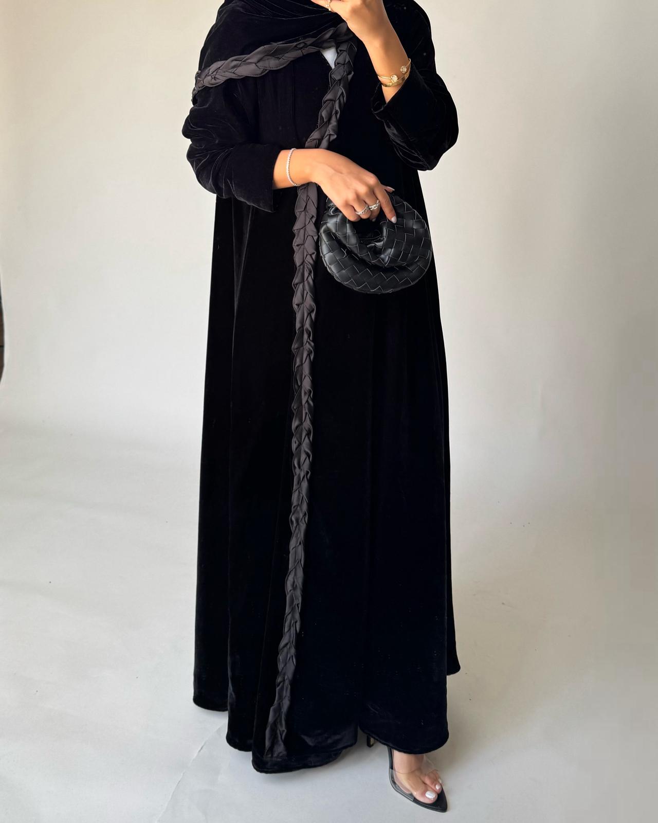 A478 - Black Braided Velvet Abaya with Matching Velvet Head Scarf