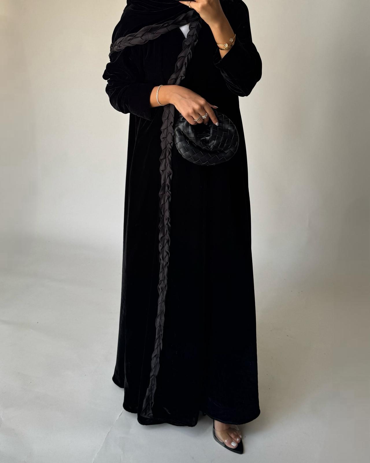 A478 - Black Braided Velvet Abaya with Matching Velvet Head Scarf