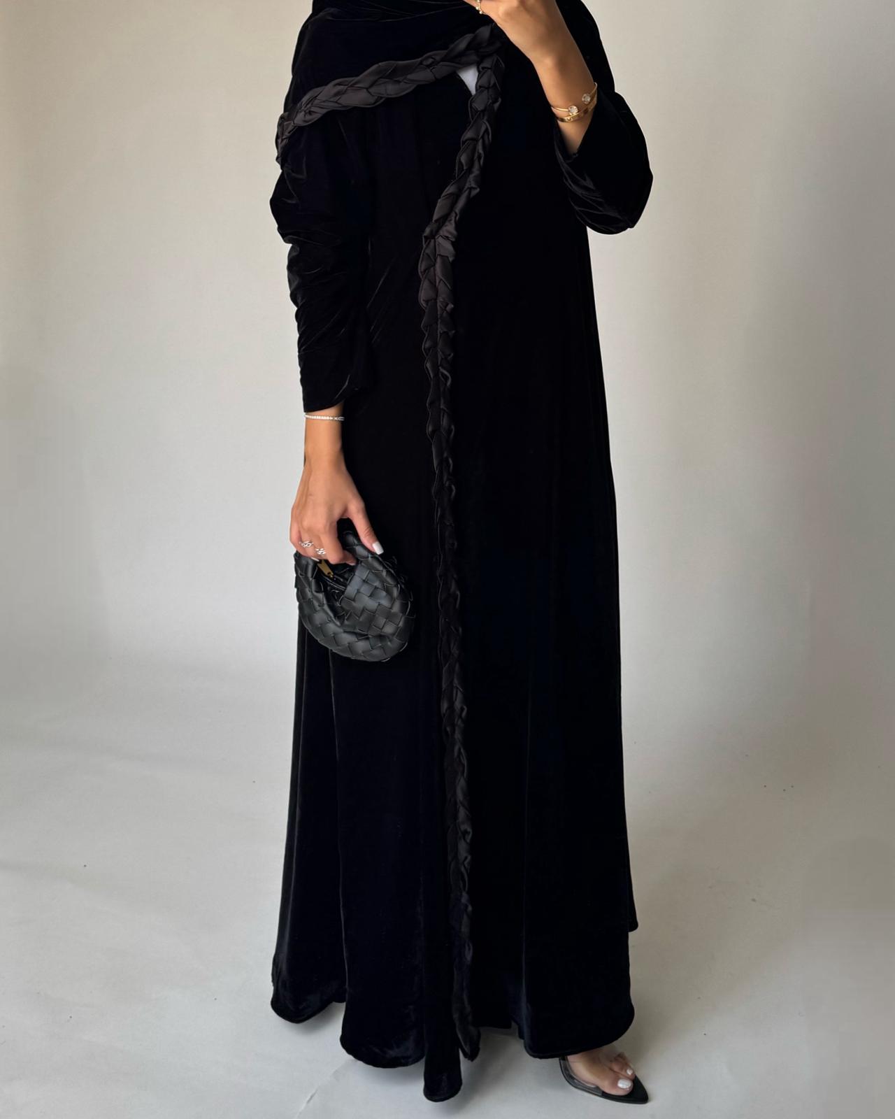 A478 - Black Braided Velvet Abaya with Matching Velvet Head Scarf