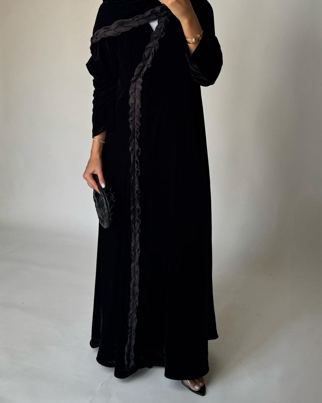A478 - Black Braided Velvet Abaya with Matching Velvet Head Scarf