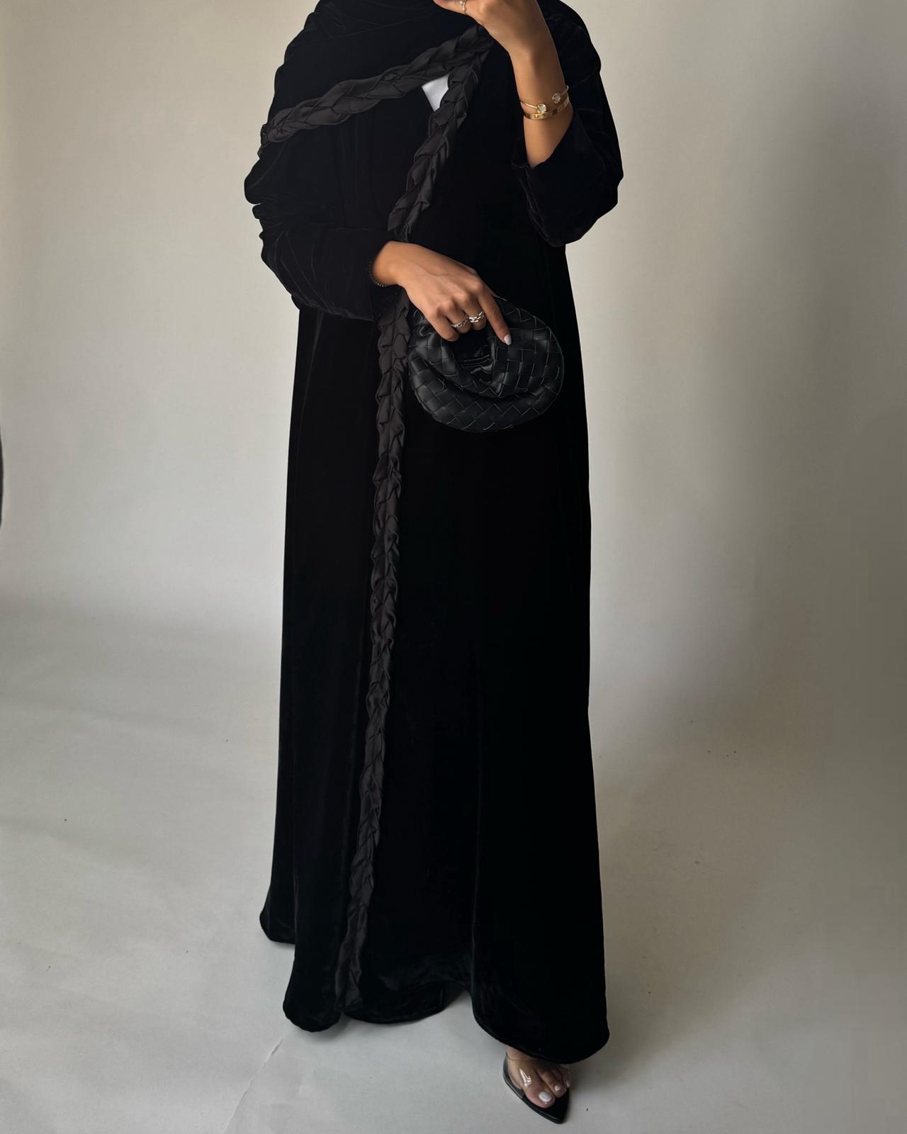 A478 - Black Braided Velvet Abaya with Matching Velvet Head Scarf