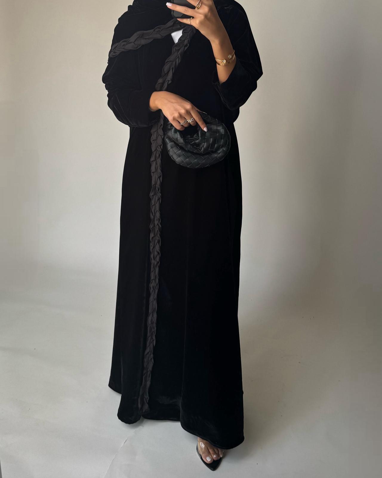 A478 - Black Braided Velvet Abaya with Matching Velvet Head Scarf