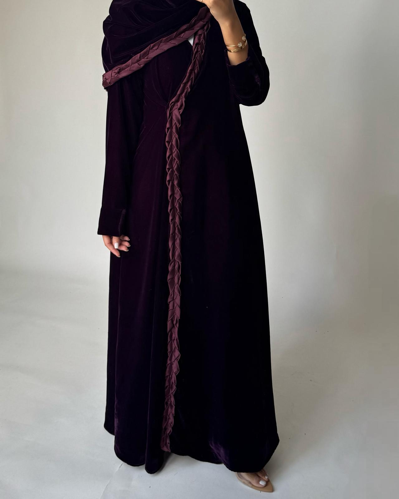 A473 - Purple Braided Velvet Abaya with Matching Velvet Head Scarf