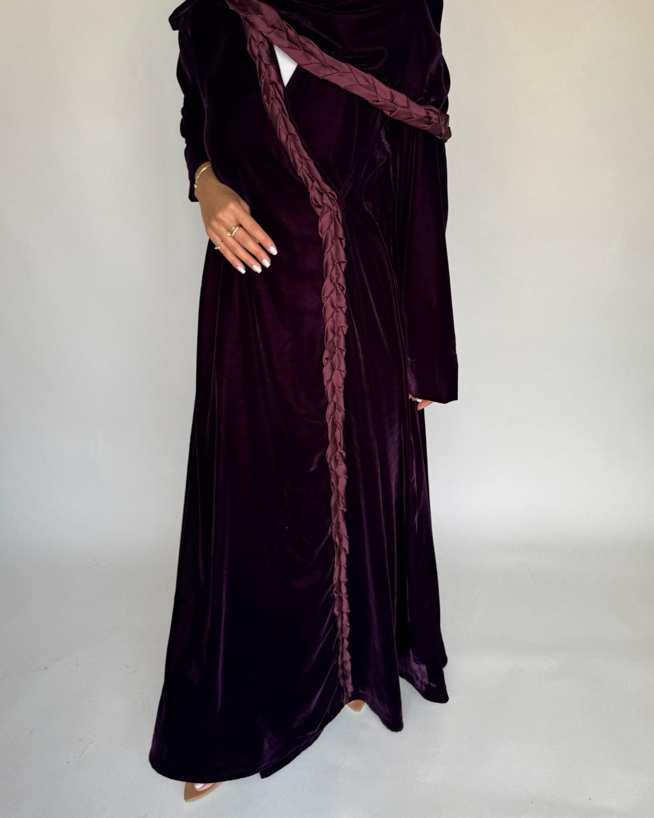 A473 - Purple Braided Velvet Abaya with Matching Velvet Head Scarf