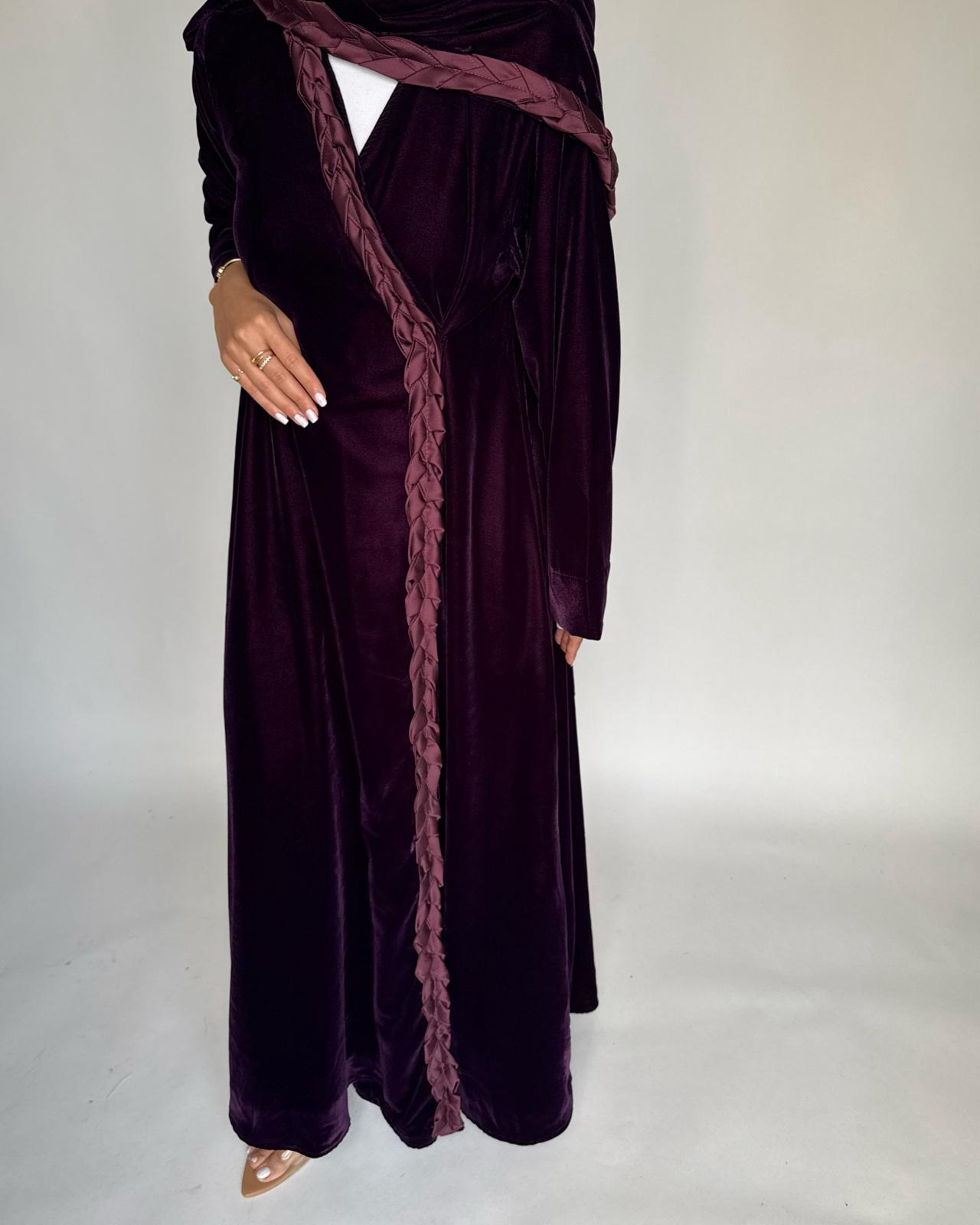 A473 - Purple Braided Velvet Abaya with Matching Velvet Head Scarf